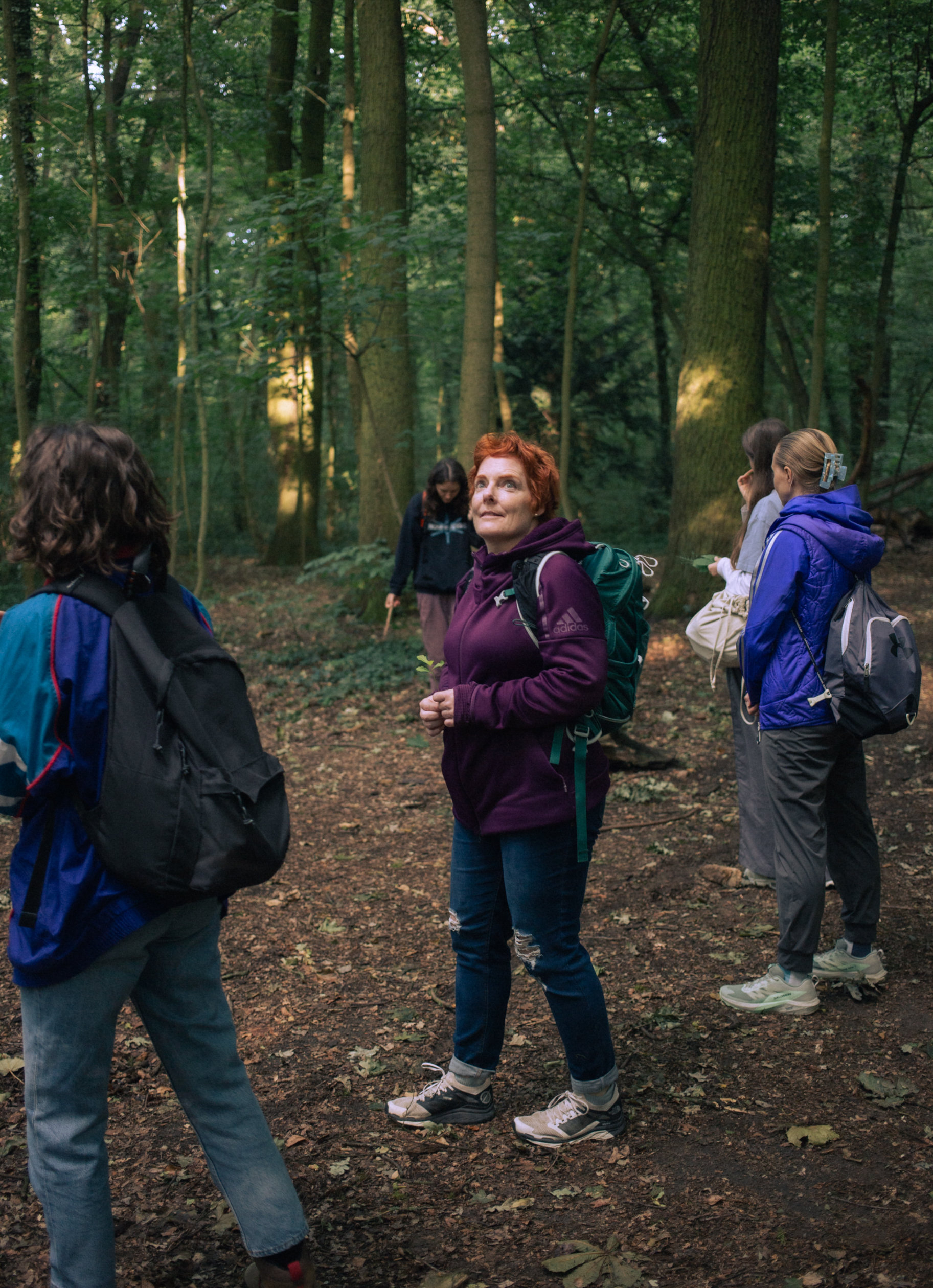 A woman in the woods gazes up in wonder at the canopy above her.